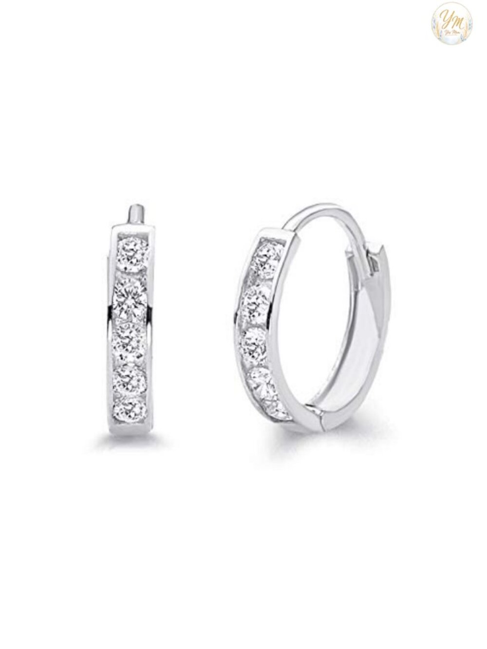 14k Real Yellow White Gold 2mm CZ Channel Set Hoop Huggie Earrings